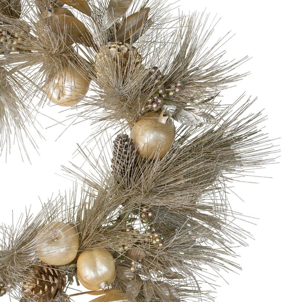 24 in. Artificial Unlit Glitter Champagne Gold Pomegranate Apple Pine Cone and Berry Christmas Wreath
