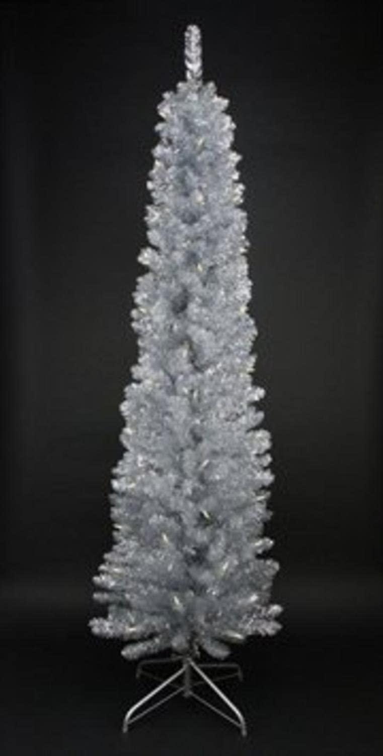 Joedot 6' x 20" Pre-Lit Silver Tinsel Artificial Christmas Tree- Clear Lights