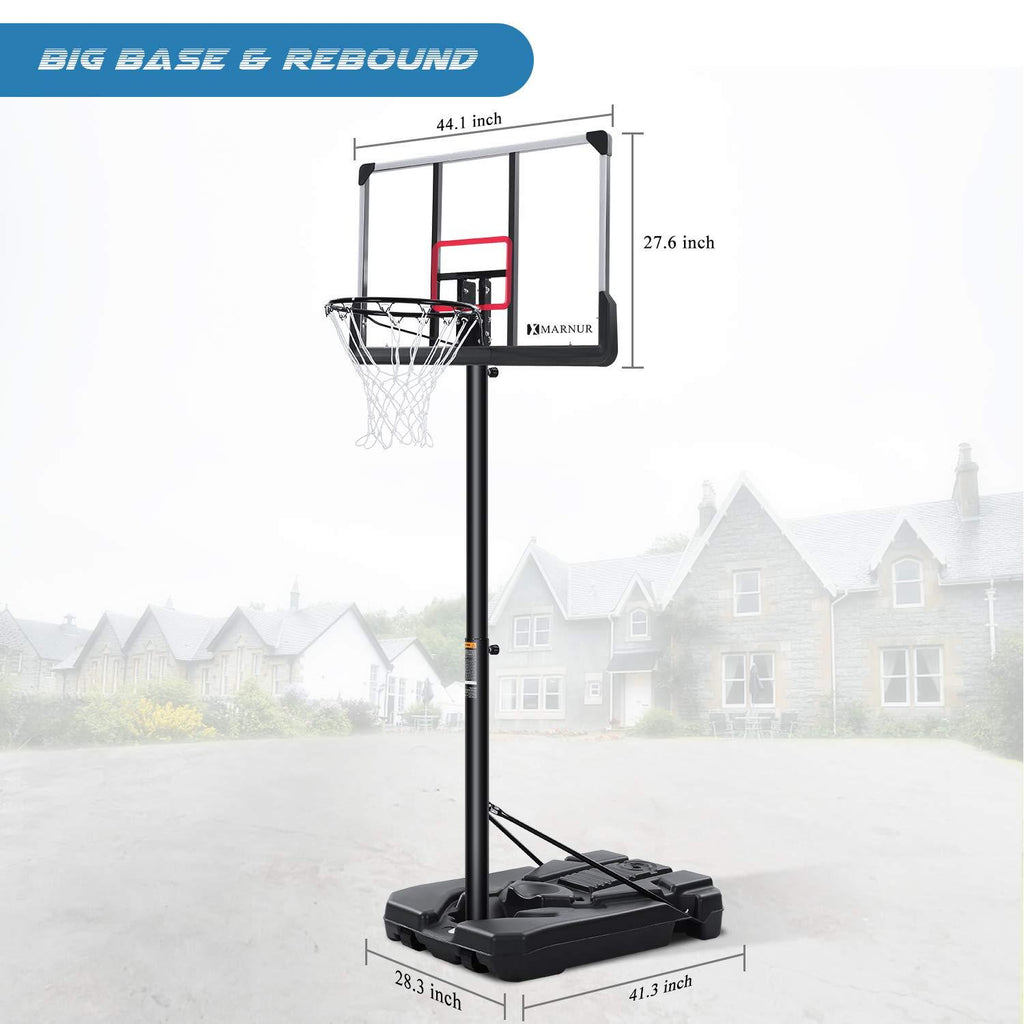 MARNUR 44inch Basketball Hoop Basketball System, 6 ft 7 in to 10 ft  Height Adjustable Portable Basketball Goal Basketball Equipment with Big Backboard &amp; Wheels and LarBase