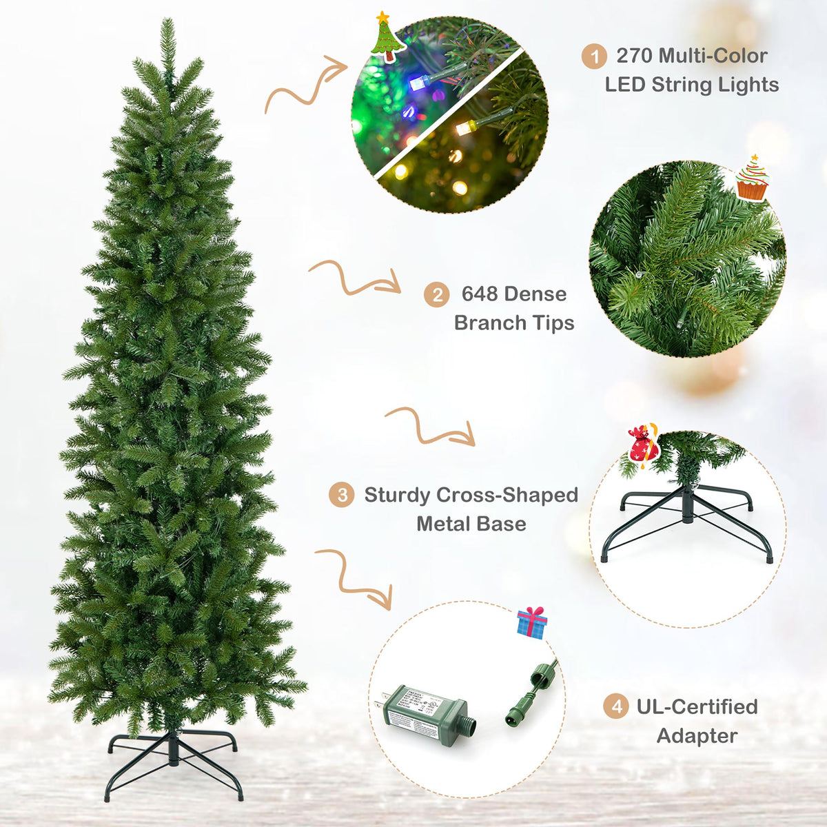 Costway 6FT Pre-Lit Hinged Artificial Christmas Tree w/ 648 Tips &amp; 270 Multicolor Lights