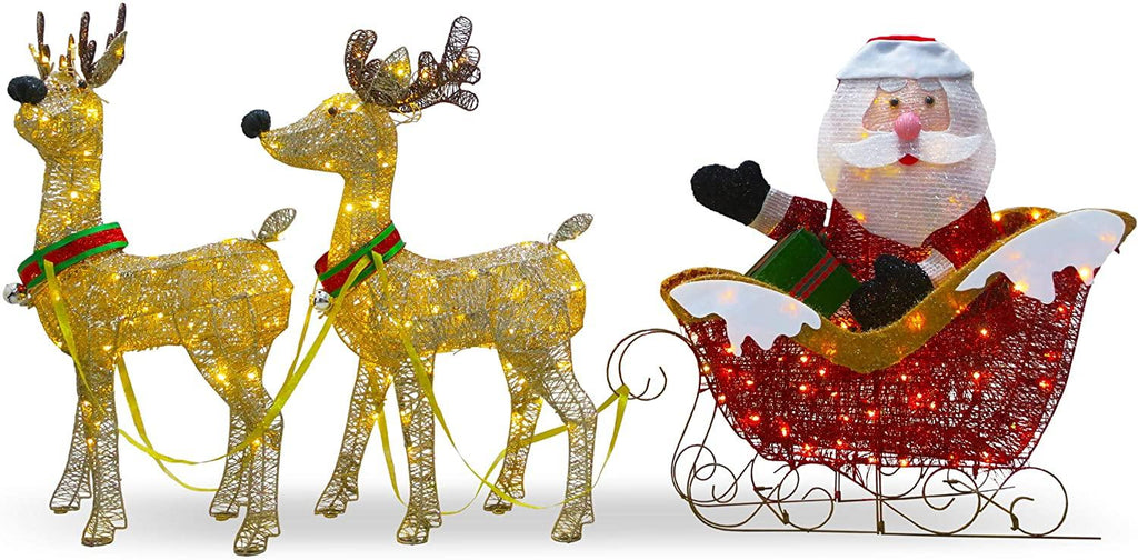 National Tree Company Pre-lit Artificial Christmas Décor Includes Strung White Lights and Ground Stakes-Reindeer and Santa's Sleigh-34 Inch
