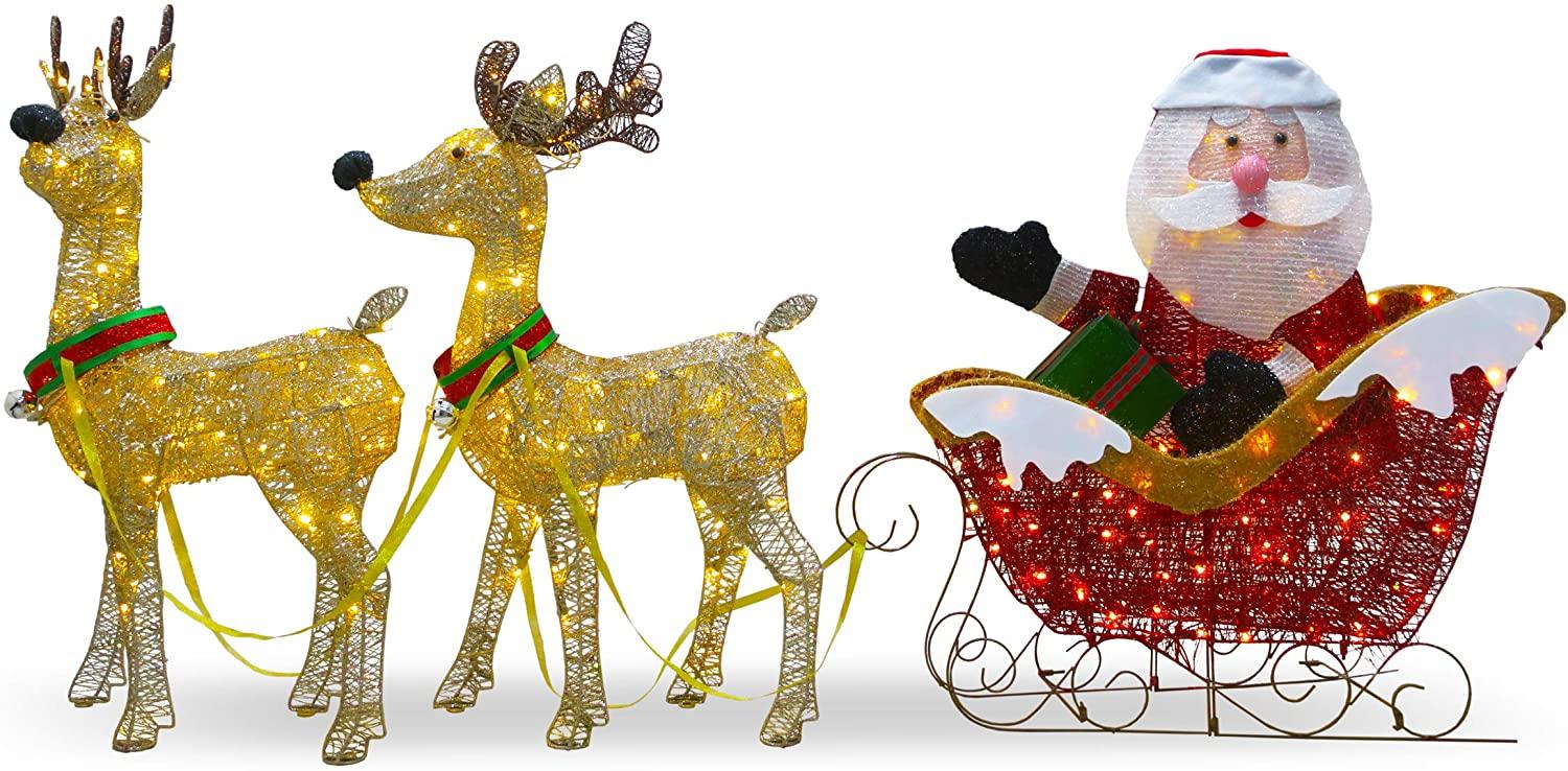 National Tree Company Pre-lit Artificial Christmas Décor Includes Strung White Lights and Ground Stakes-Reindeer and Santa's Sleigh-34 Inch
