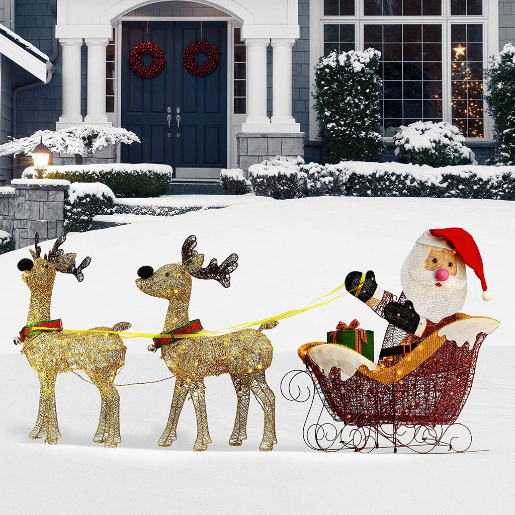 National Tree Company Pre-lit Artificial Christmas Décor Includes Strung White Lights and Ground Stakes-Reindeer and Santa's Sleigh-34 Inch