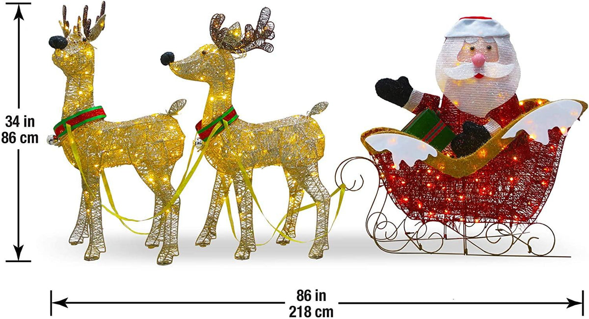 National Tree Company Pre-lit Artificial Christmas Décor Includes Strung White Lights and Ground Stakes-Reindeer and Santa's Sleigh-34 Inch