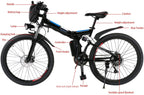 Yiilove 26'' Electric Bicycle Electric Mountain Bike for Adult with 36V Lithium-Ion Battery 250W Powerful Motor 21 Speed Ebike (Black Blue)