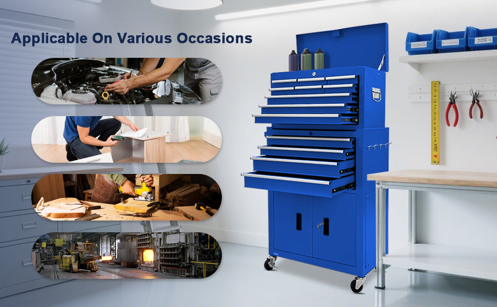 13-Drawer Rolling Tool Chest, 2 in 1 Detachable Metal Tool Cabinet with Lock & Wheels, Heavy-Duty Tool StoraOrganizer for Garage, Workshop, Auto Repair & Home(Blue)