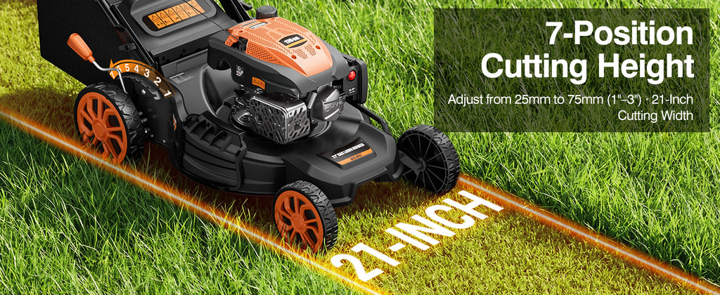 21” Self Propelled Lawn Mower Gas, 170CC 4-IN-1 Mulch/Rear Bag/Side Discharge/Rear Discharge, Walk-Behind Gas Lawnmower with 7-Position Cutting Height, Foldable Gas Powered Lawn Mowers for Lawn Garden