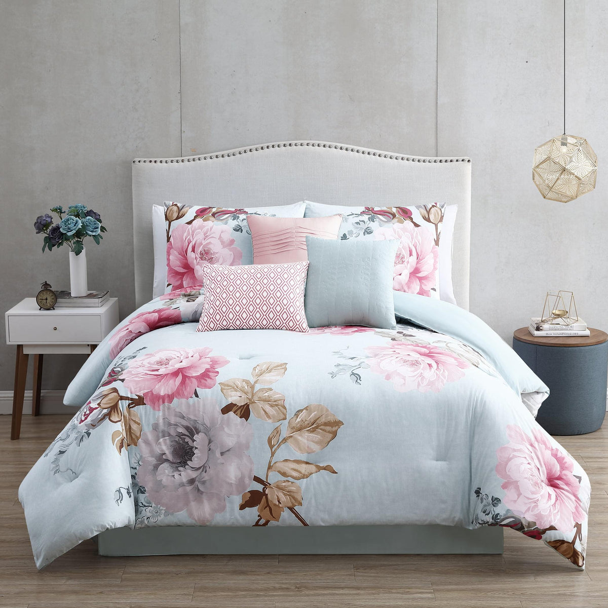 Riverbrook Home 7 pc Comforter Set, King, Spa/Blush, Ridgely, Printed, Polyfil Filling