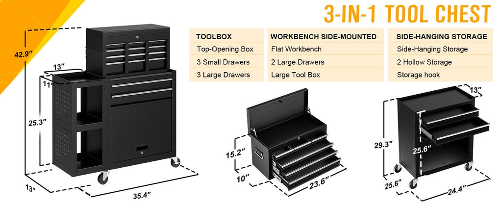 8-Drawer Rolling Tool Chest,3-in-1 Tool Box on Wheels with Lockable Steel Garage, Detachable Top Toolbox & Bottom StoraCart with Additional Cabinet for Repair Room,Warehouse, 2026 Black