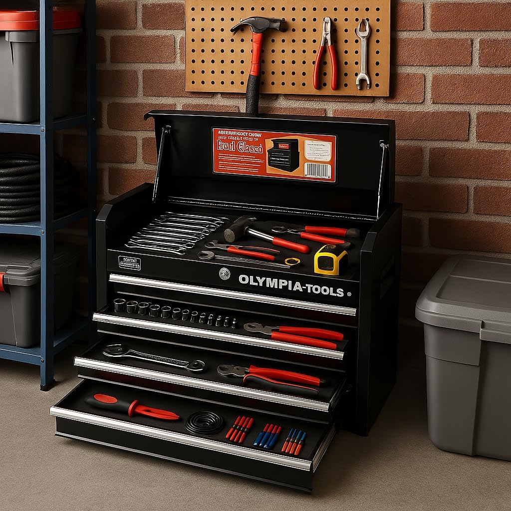 26-Inch 4-Drawer Portable Tool Chest, Metal StoraOrganizer Box, Black - Work Toolbox for Home Garaand Workshop with LocLid and Ball Bearing Slides