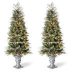 5 ft. Pre-Lit Pine Artificial Christmas Porch Tree with 180 Warm White Lights and Pine Cones (2-Pack)