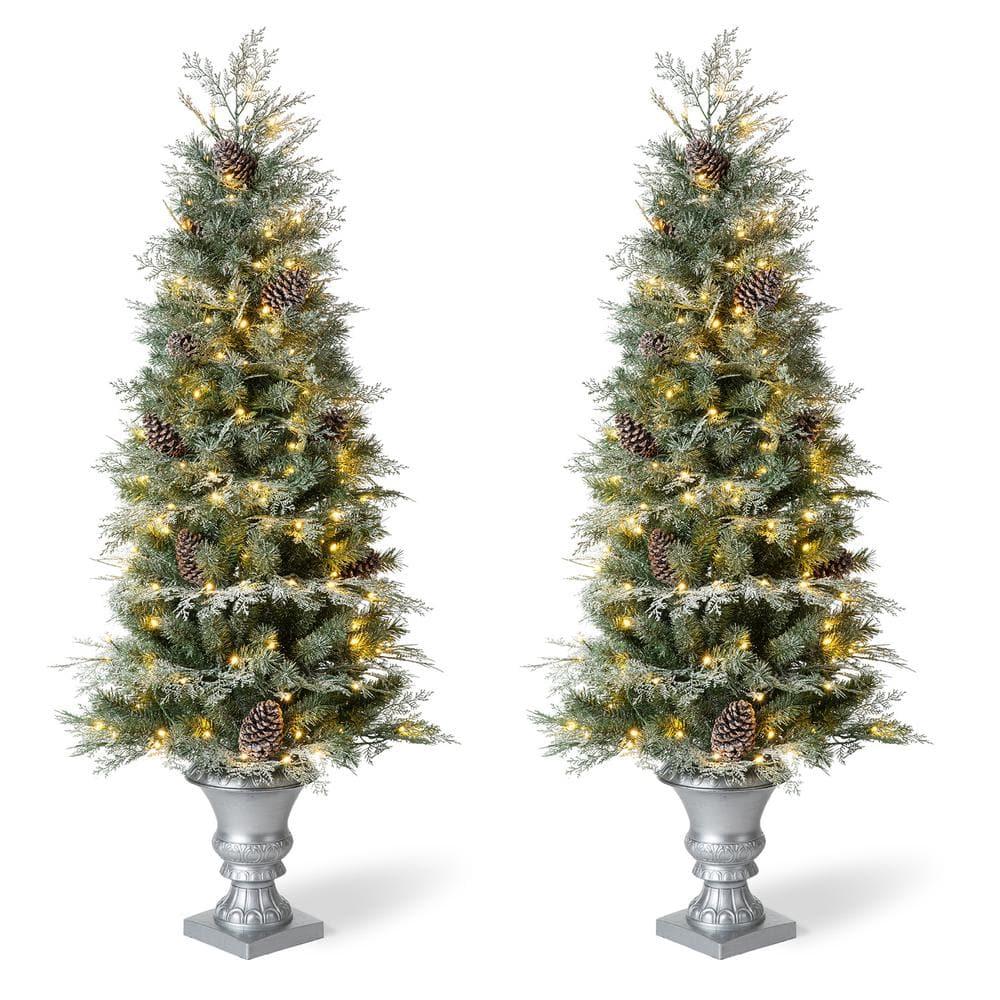 5 ft. Pre-Lit Pine Artificial Christmas Porch Tree with 180 Warm White Lights and Pine Cones (2-Pack)