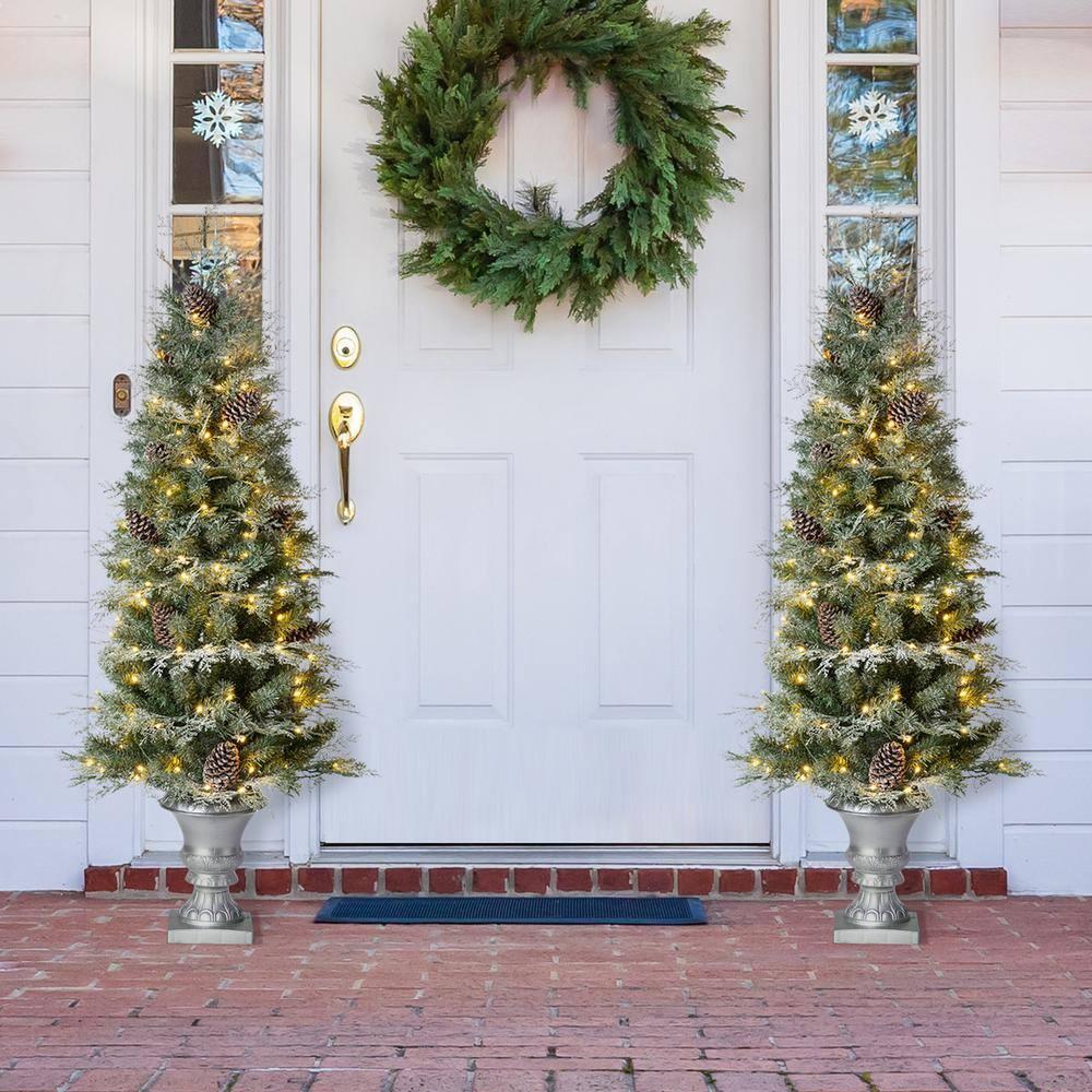 5 ft. Pre-Lit Pine Artificial Christmas Porch Tree with 180 Warm White Lights and Pine Cones (2-Pack)