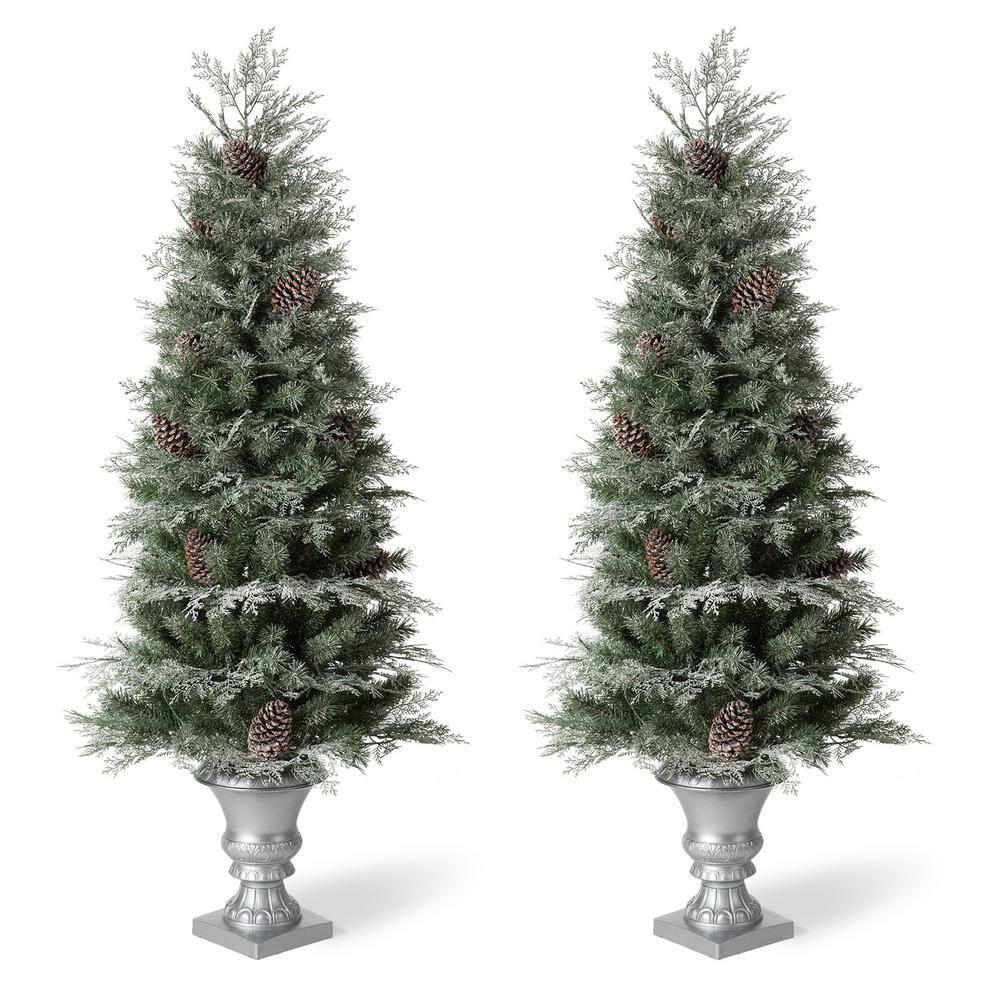 5 ft. Pre-Lit Pine Artificial Christmas Porch Tree with 180 Warm White Lights and Pine Cones (2-Pack)