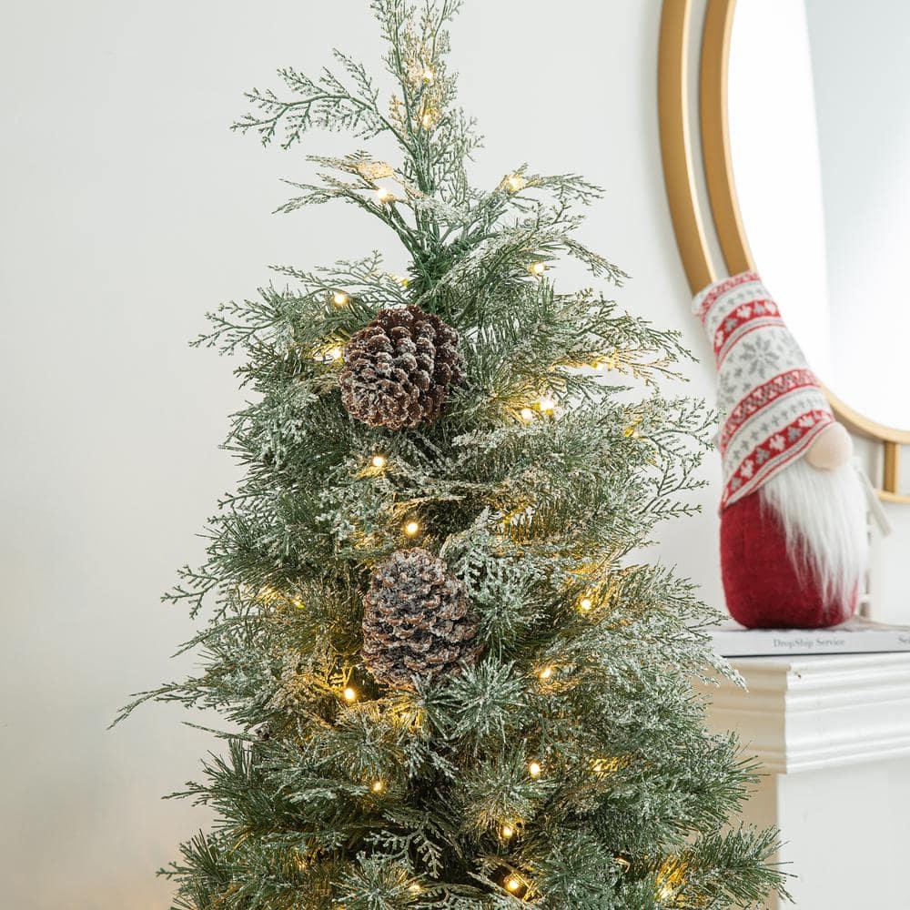 5 ft. Pre-Lit Pine Artificial Christmas Porch Tree with 180 Warm White Lights and Pine Cones (2-Pack)