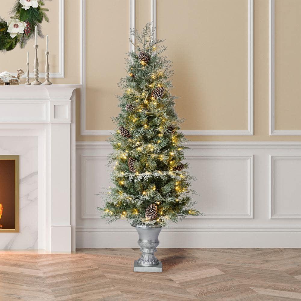 5 ft. Pre-Lit Pine Artificial Christmas Porch Tree with 180 Warm White Lights and Pine Cones (2-Pack)