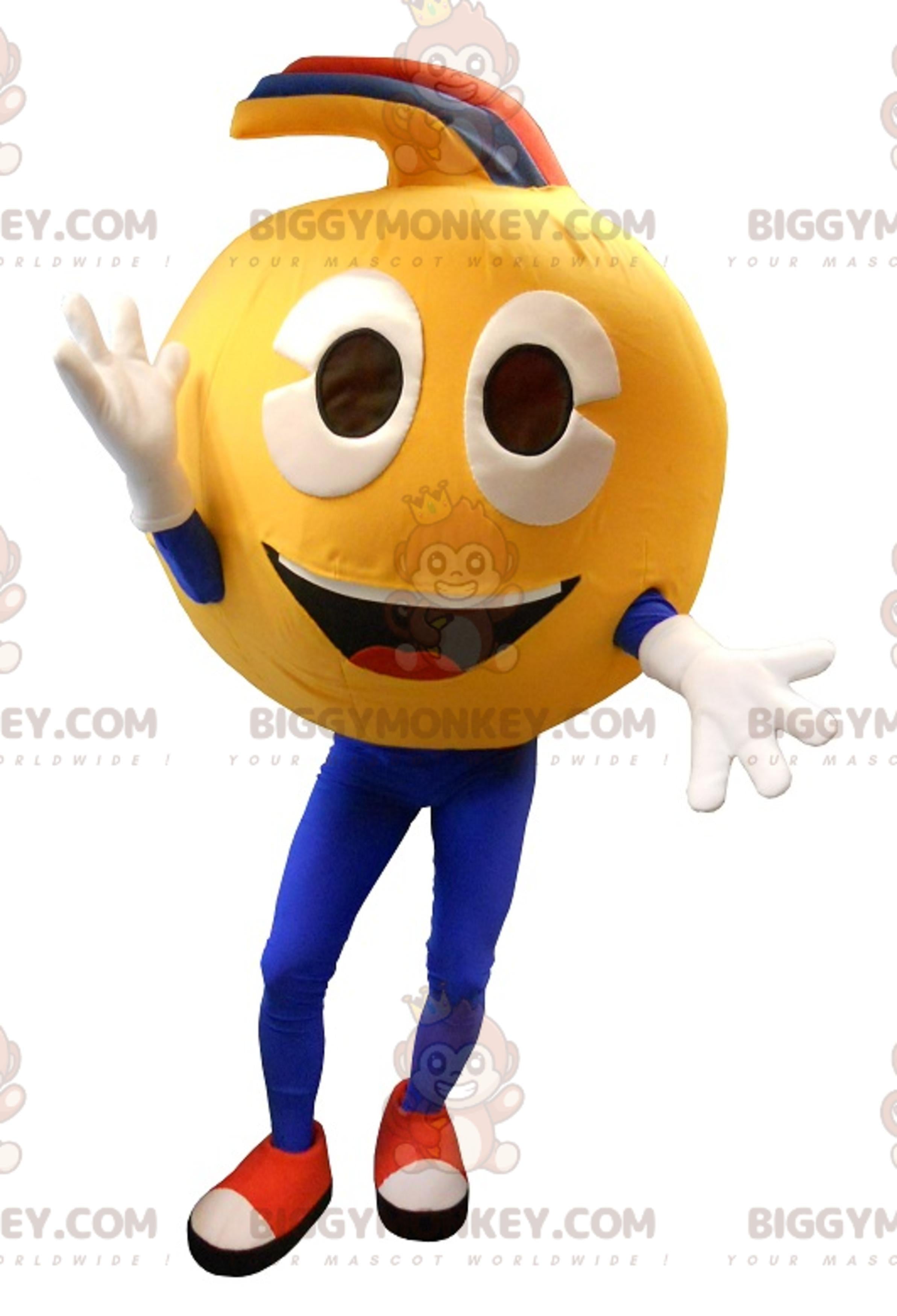 Very smiling yellow smiley face BIGGYMONKEYmascot costume. smiley costume
