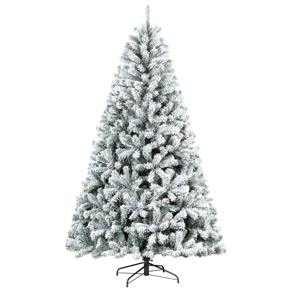 Hykolity 7.5 ft Snow Flocked Artificial Christmas Tree with Pine Cones, 1446 Tips, Metal Stand and Hinged Branches