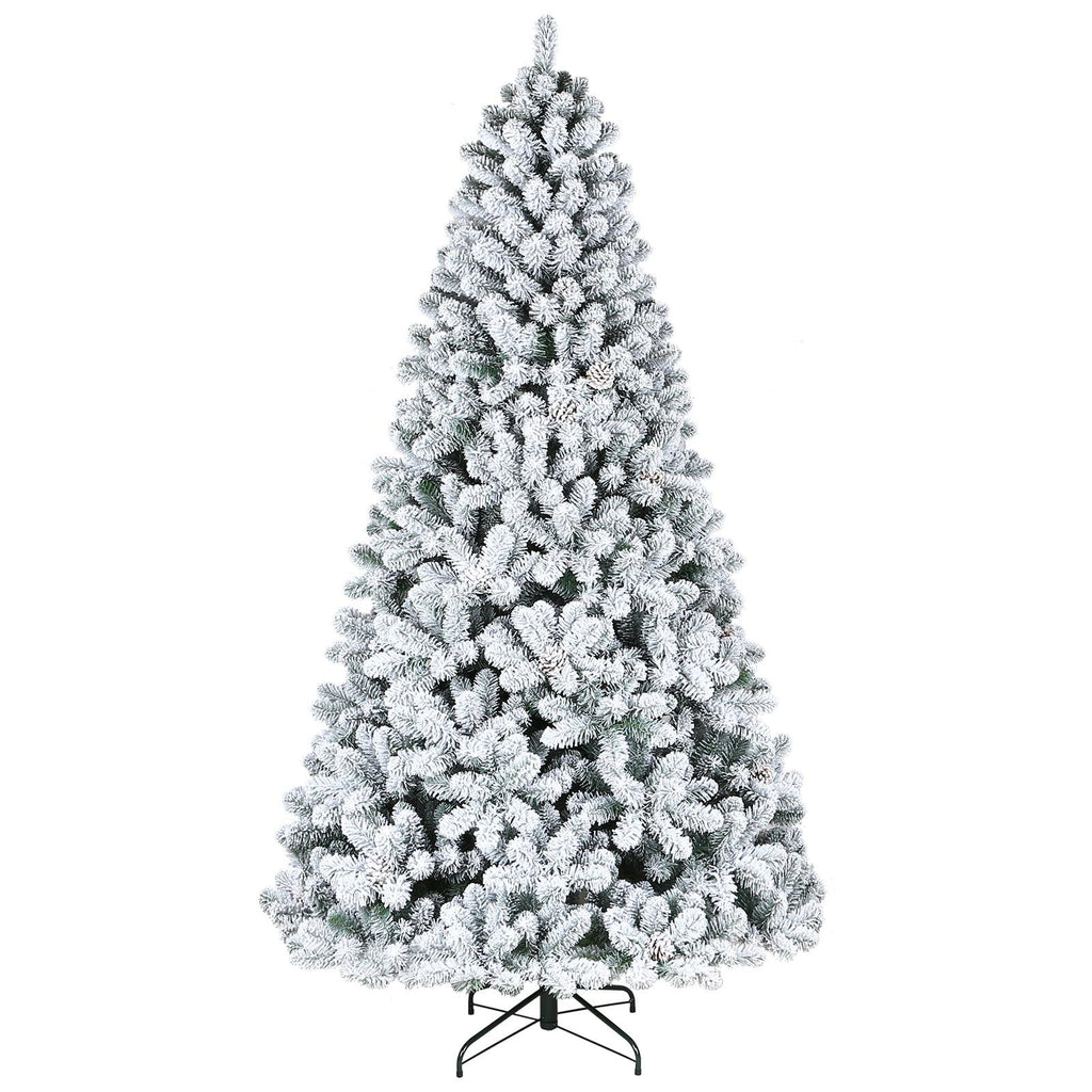 Hykolity 7.5 ft Snow Flocked Artificial Christmas Tree with Pine Cones, 1446 Tips, Metal Stand and Hinged Branches