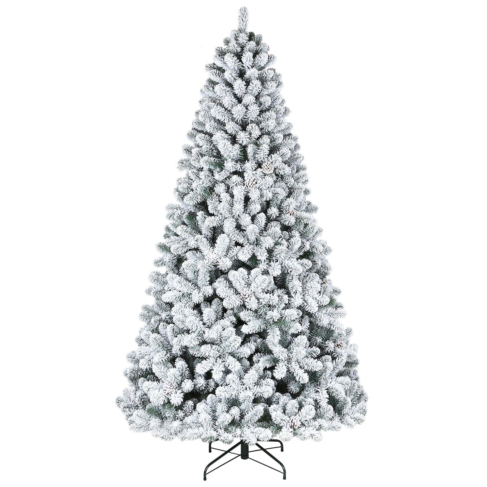 Hykolity 7.5 ft Snow Flocked Artificial Christmas Tree with Pine Cones, 1446 Tips, Metal Stand and Hinged Branches