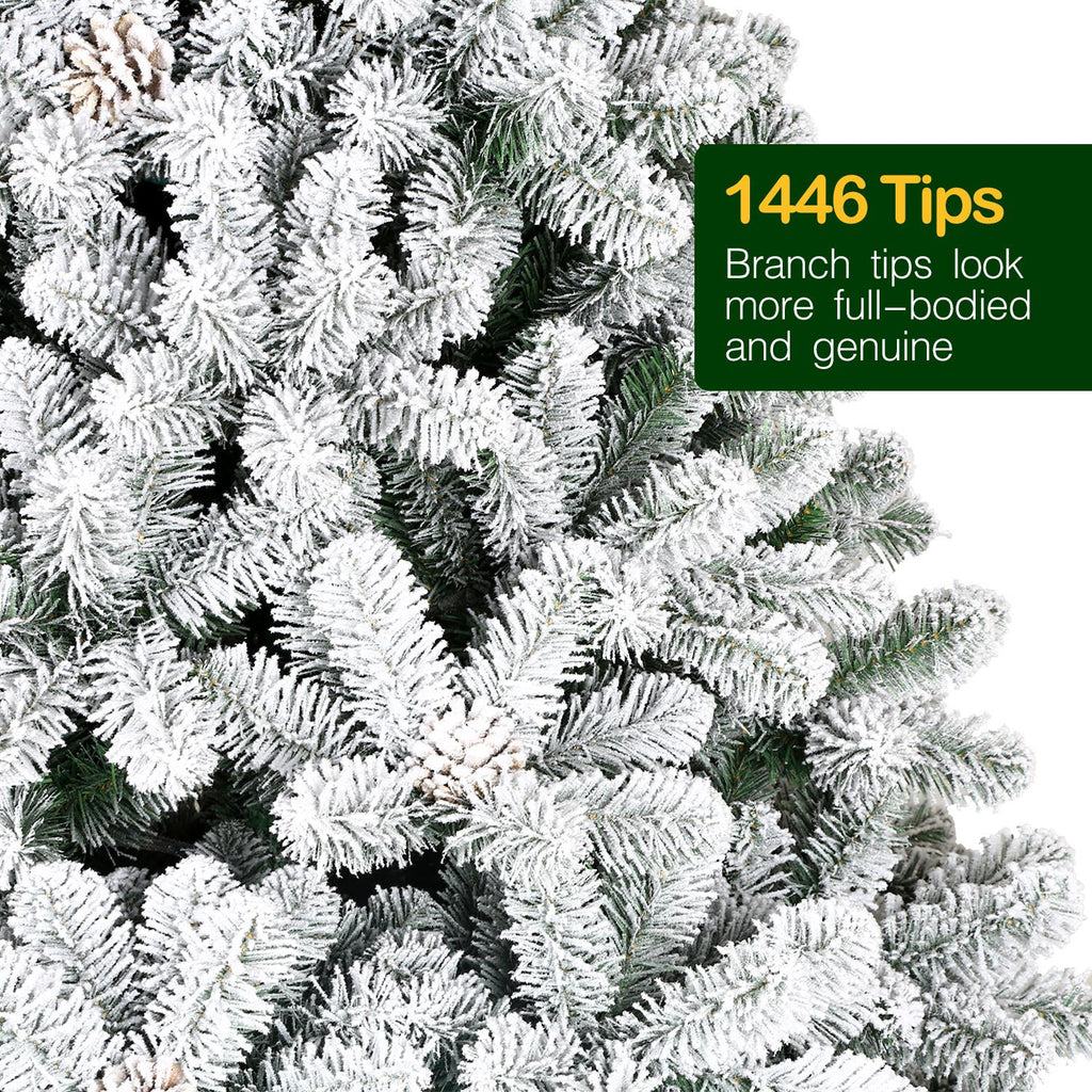 Hykolity 7.5 ft Snow Flocked Artificial Christmas Tree with Pine Cones, 1446 Tips, Metal Stand and Hinged Branches