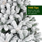 Hykolity 7.5 ft Snow Flocked Artificial Christmas Tree with Pine Cones, 1446 Tips, Metal Stand and Hinged Branches