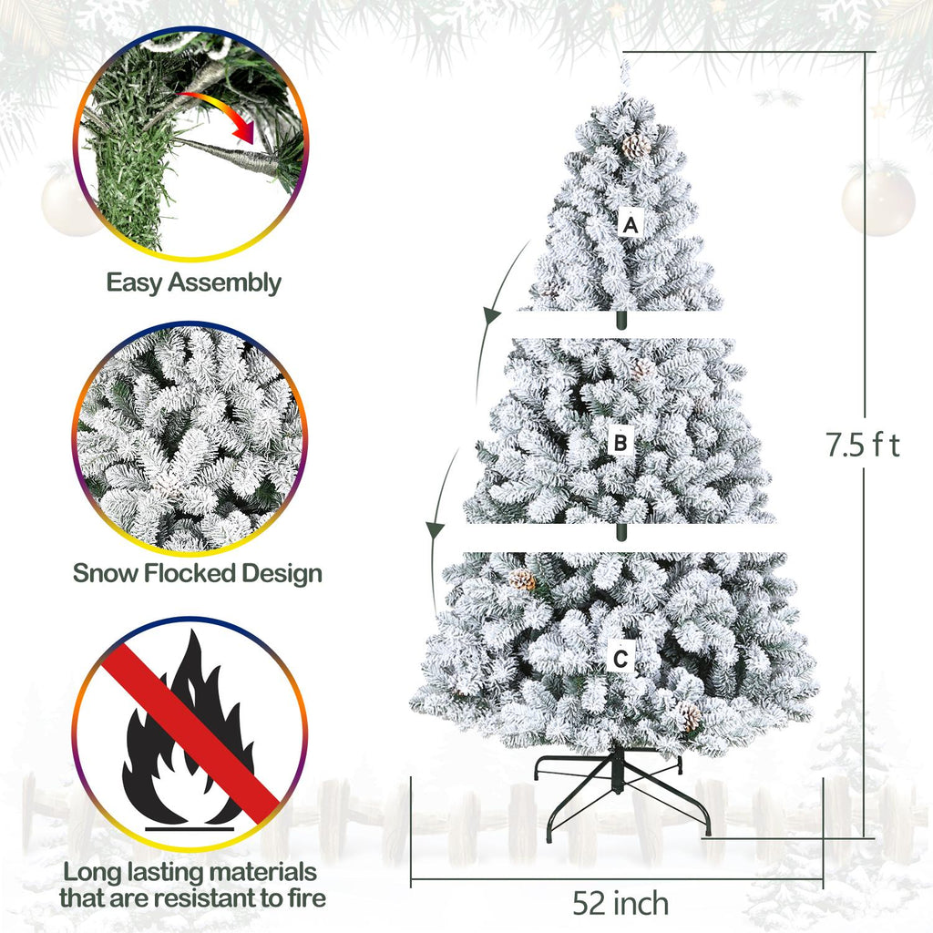 Hykolity 7.5 ft Snow Flocked Artificial Christmas Tree with Pine Cones, 1446 Tips, Metal Stand and Hinged Branches