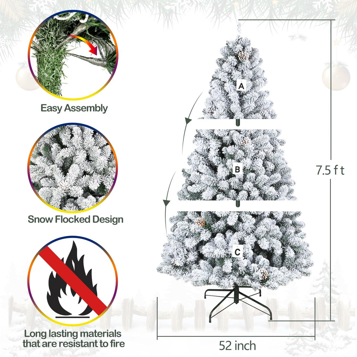 Hykolity 7.5 ft Snow Flocked Artificial Christmas Tree with Pine Cones, 1446 Tips, Metal Stand and Hinged Branches
