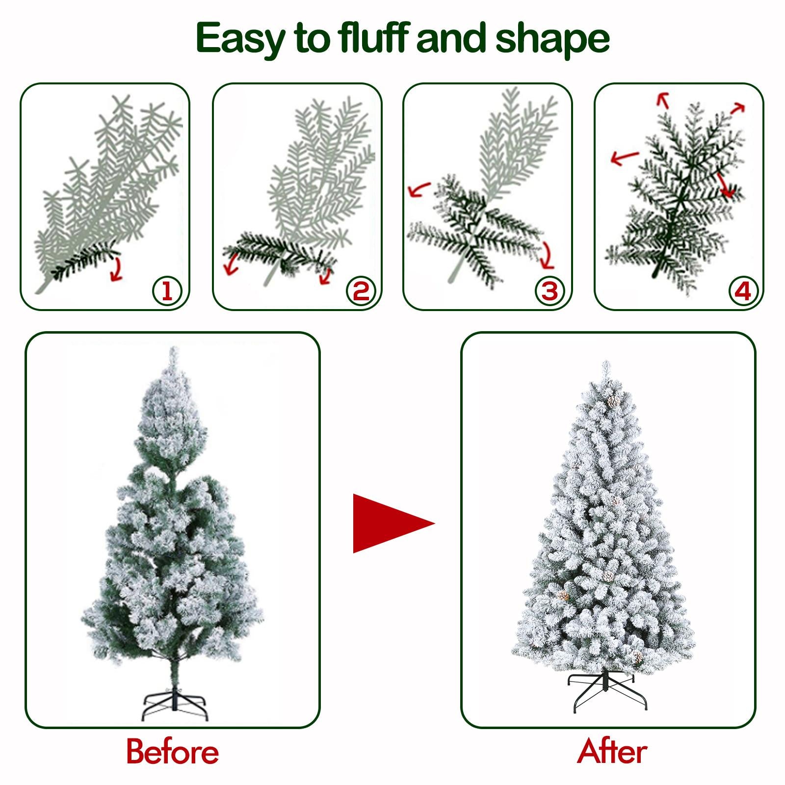 Hykolity 7.5 ft Snow Flocked Artificial Christmas Tree with Pine Cones, 1446 Tips, Metal Stand and Hinged Branches