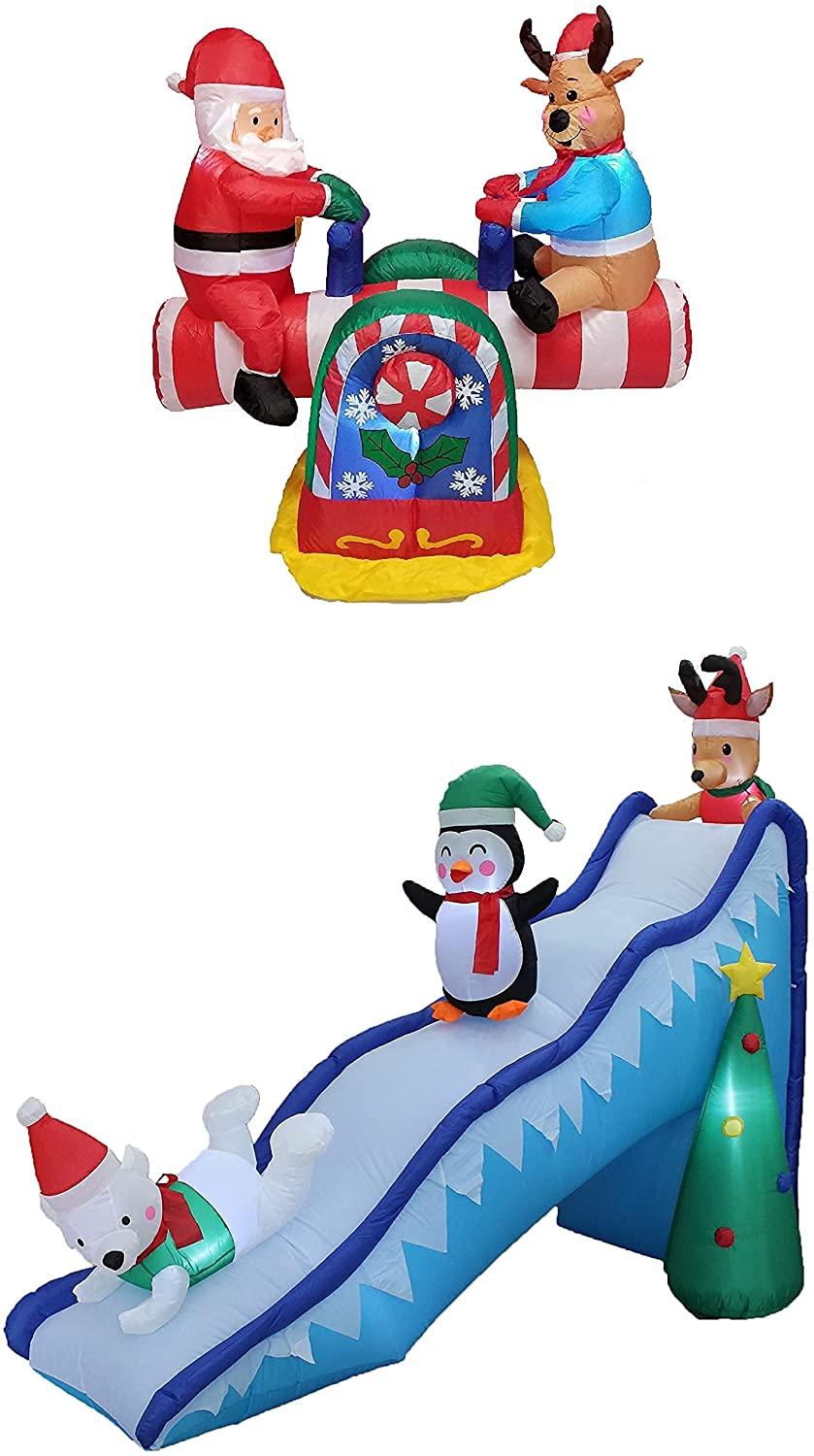 TWO CHRISTMAS PARTY DECORATIONS BUNDLE, Includes 4 Foot Tall Animated Inflatable Santa Claus Reindeer on Teeter Totter, and 9 Foot Long Inflatable Penguin Reindeer Polar Bear Christmas Tree Slide