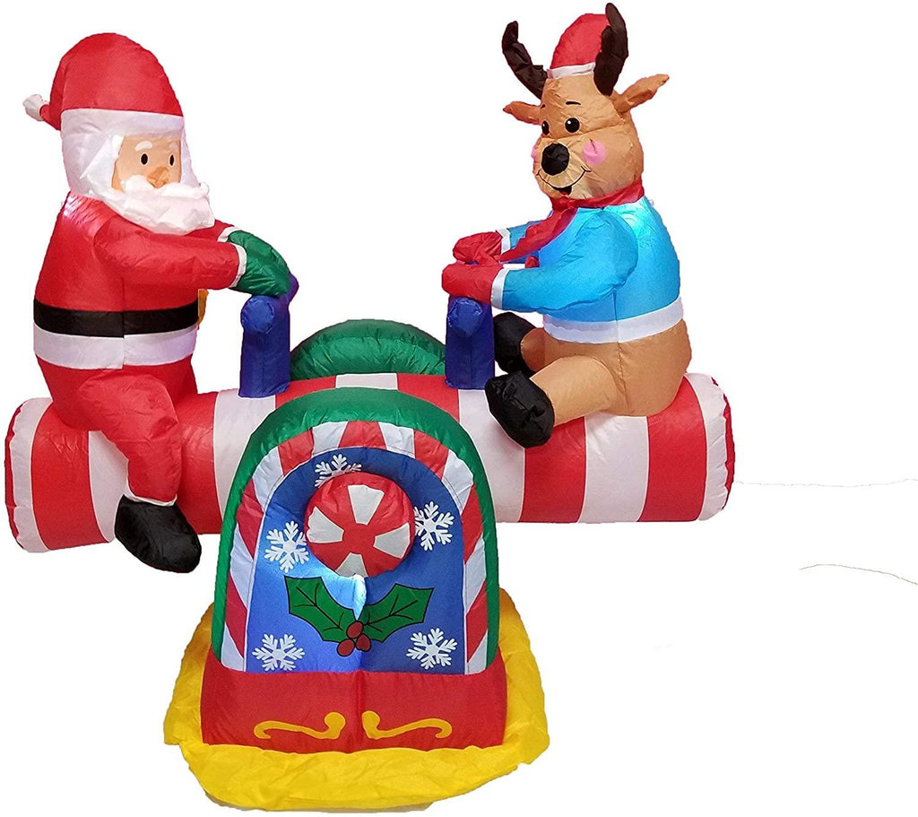 TWO CHRISTMAS PARTY DECORATIONS BUNDLE, Includes 4 Foot Tall Animated Inflatable Santa Claus Reindeer on Teeter Totter, and 9 Foot Long Inflatable Penguin Reindeer Polar Bear Christmas Tree Slide