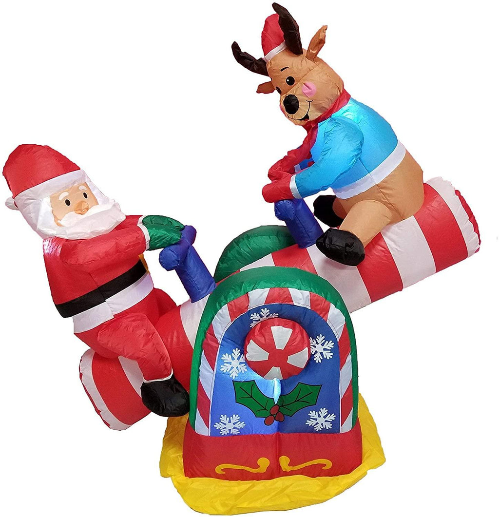 TWO CHRISTMAS PARTY DECORATIONS BUNDLE, Includes 4 Foot Tall Animated Inflatable Santa Claus Reindeer on Teeter Totter, and 9 Foot Long Inflatable Penguin Reindeer Polar Bear Christmas Tree Slide