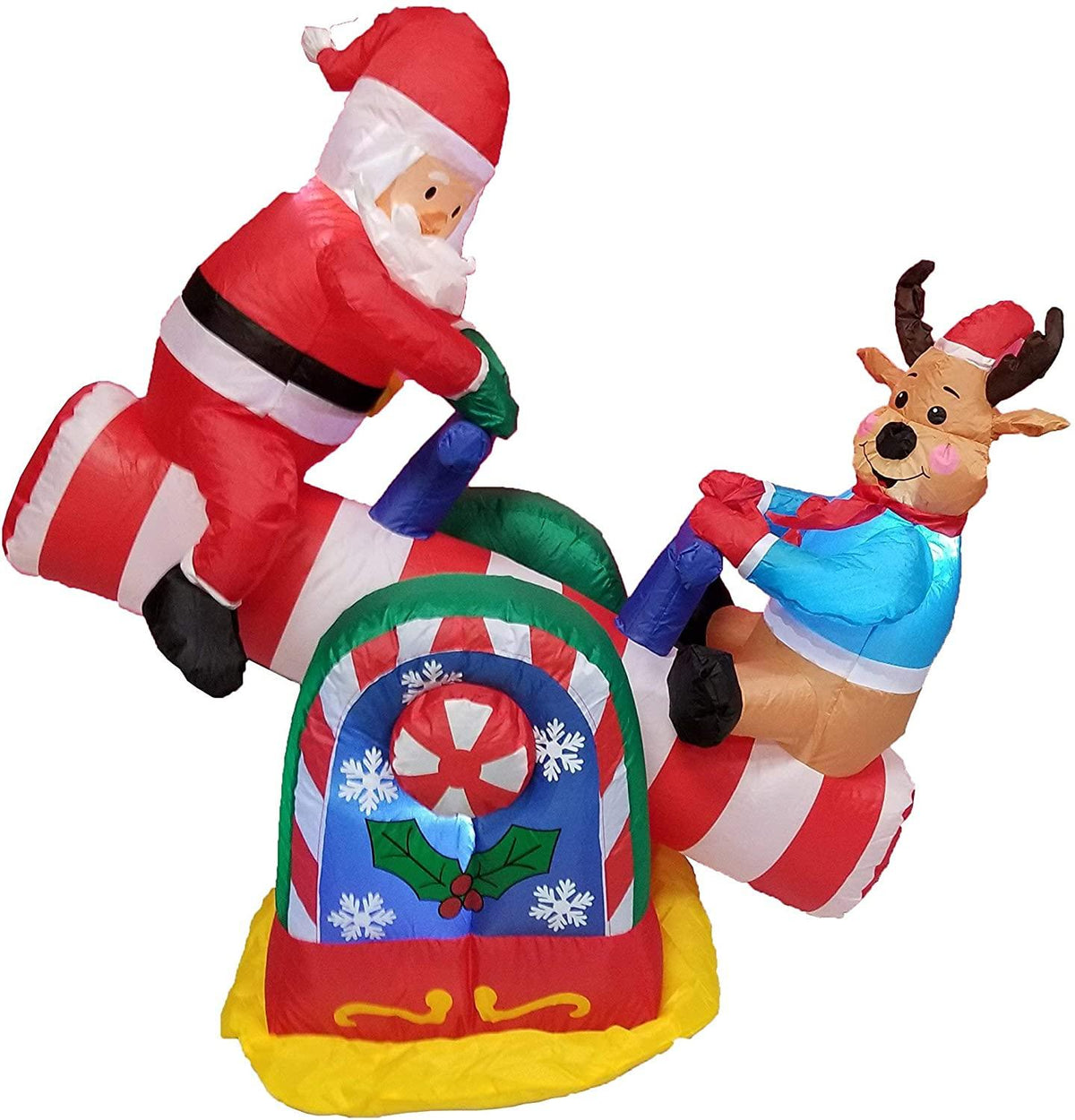 TWO CHRISTMAS PARTY DECORATIONS BUNDLE, Includes 4 Foot Tall Animated Inflatable Santa Claus Reindeer on Teeter Totter, and 9 Foot Long Inflatable Penguin Reindeer Polar Bear Christmas Tree Slide