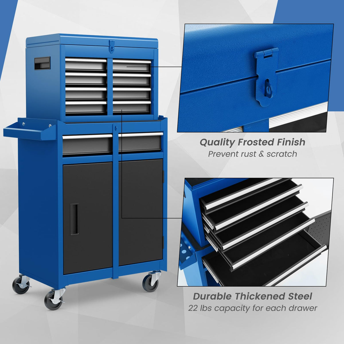 Rolling Tool Chest, 5-Drawer Tool Box Organizer w/Lockable Wheels & Sliding Drawers & Detachable Top & Adjustable Shelf, Tool StoraCabinet for GaraWorkshop (Blue)