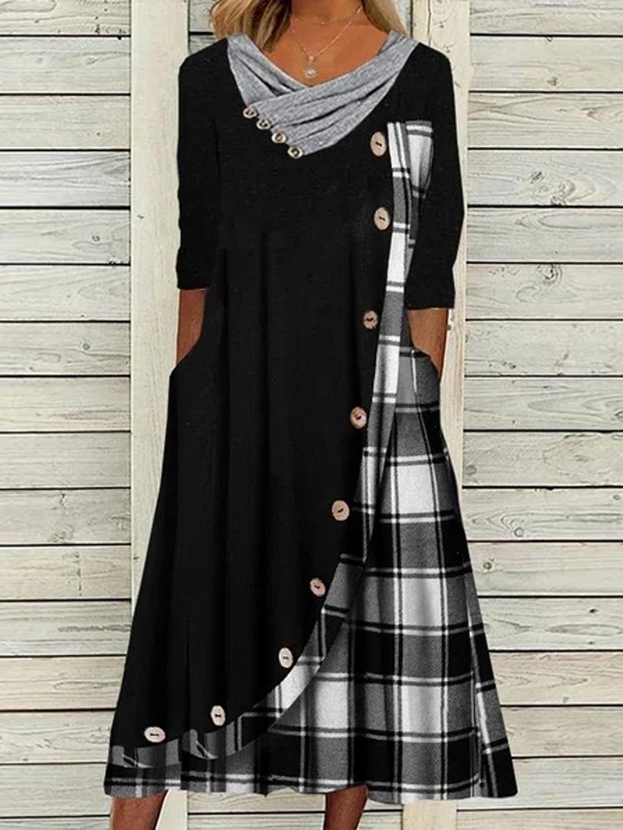 Casual Plaid Print Cowl Neck Long Sleeves Maxi Dress