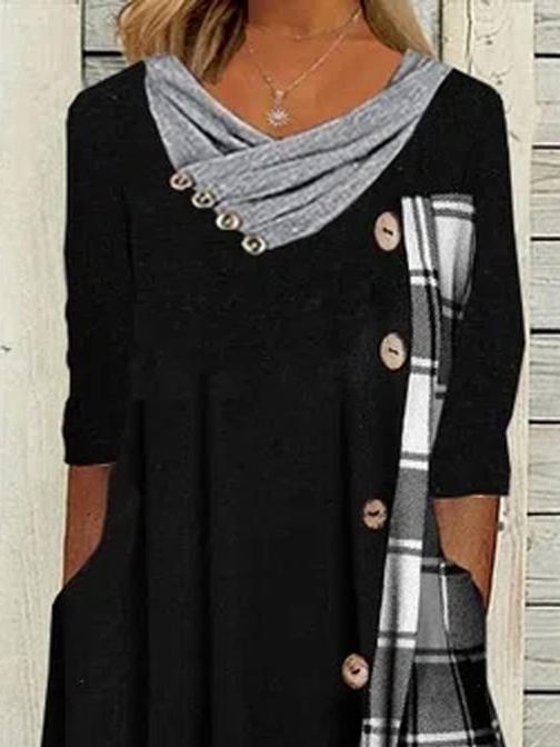 Casual Plaid Print Cowl Neck Long Sleeves Maxi Dress