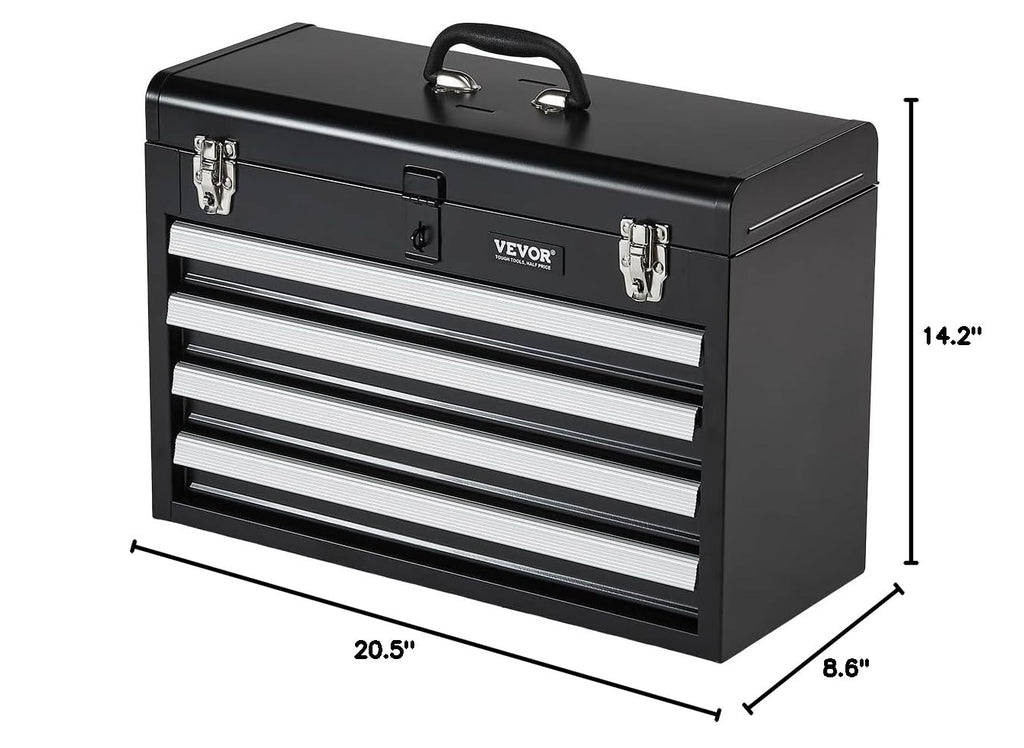 Metal Tool Box, 20.5-inch, Portable Metal Tool Box with 4 Drawers, Small Tool Chest with EVA Liners, Ball Bearing Slide Drawers Loc& Powder Coated Finish, Multi-Function Tool Organizer