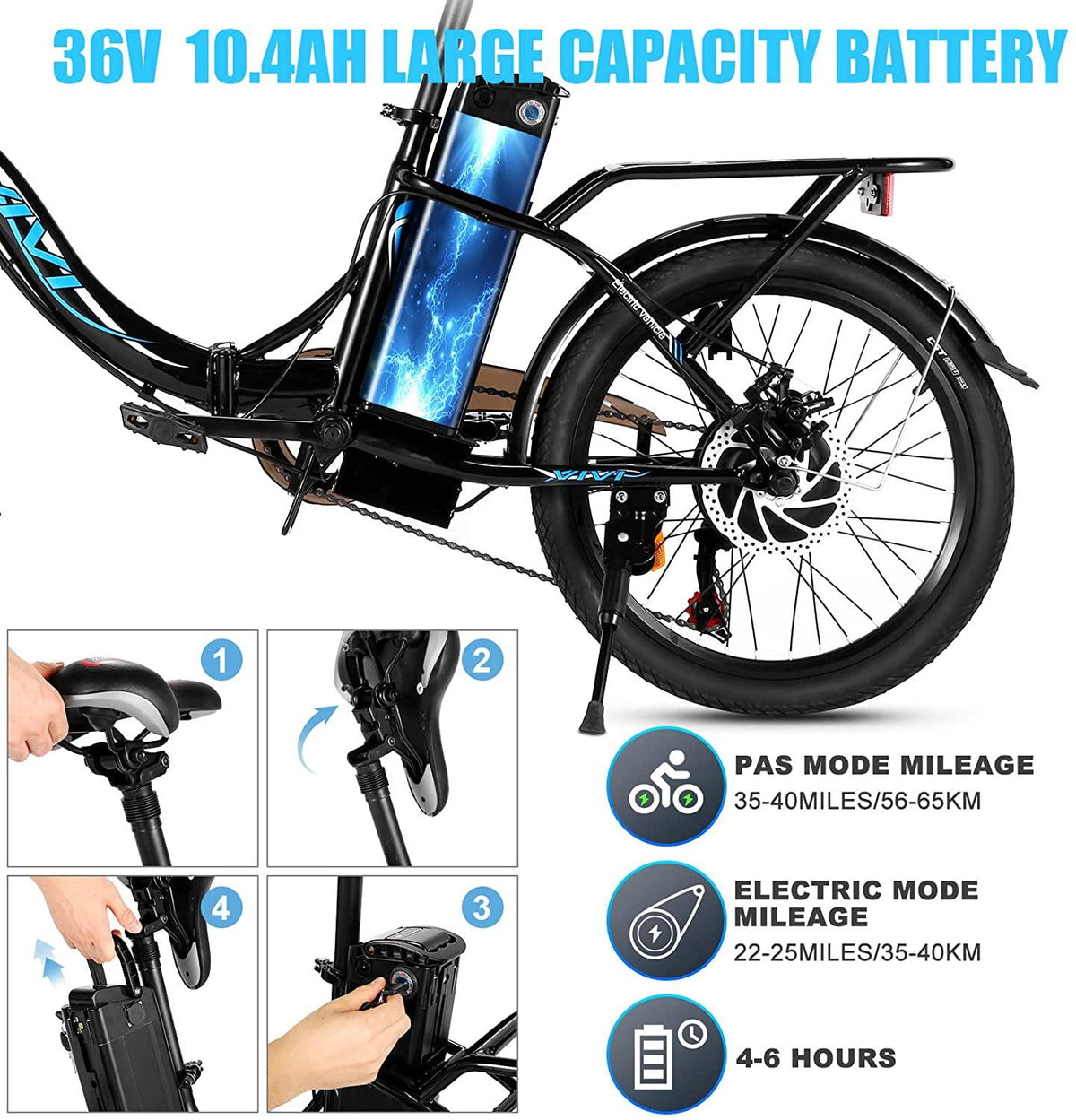 VIVI 350W 10.4AH Electric Bike Foldable Electric Bicycle,20" Ebike Electric City Cruiser Bike with Suspension Fork,7-Speed, Throttle and Pedal Assist For Adults Women