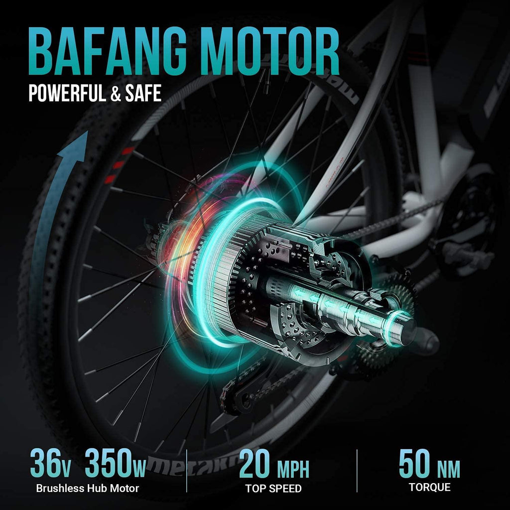 METAKOO 26” Electric Mountain Bike, 350W Motor, 3 Hours Fast Charge, 36V Removable Battery, 20Mph Electric Bicycle with 21 Speed Gears | White