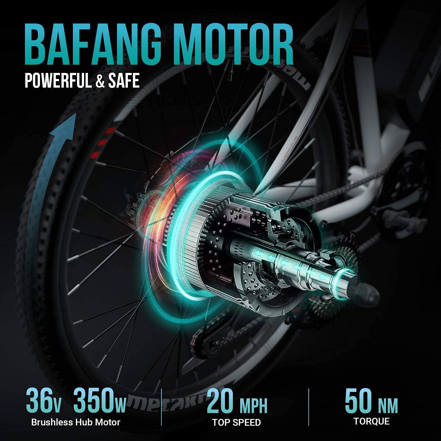 METAKOO 26” Electric Mountain Bike, 350W Motor, 3 Hours Fast Charge, 36V Removable Battery, 20Mph Electric Bicycle with 21 Speed Gears | White