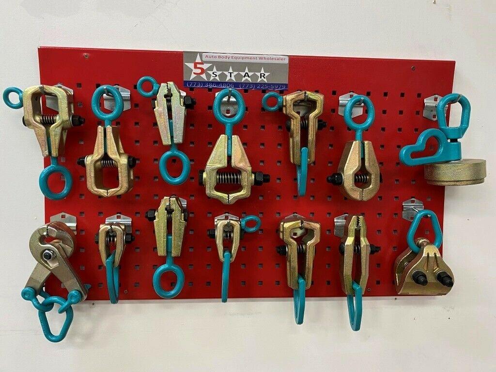 SET#58 HEAVY DUTY AUTO BODY FRAME MACHINE 14 PIECE PULLING BEST TOOLS AND CLAMPS