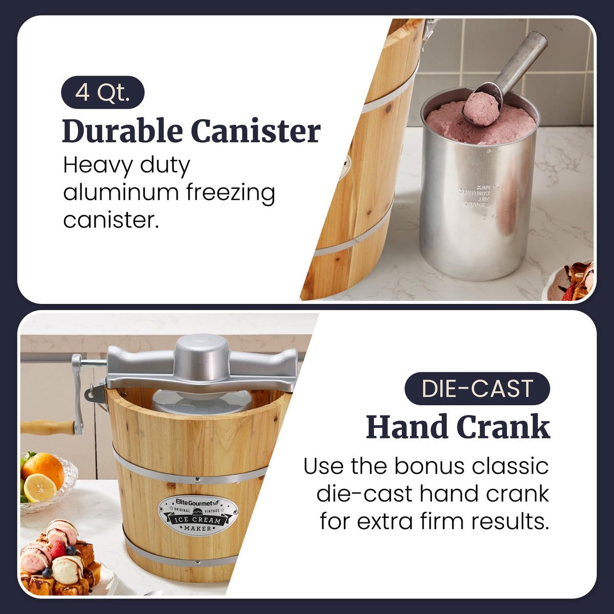 EIM402 Old Fashioned 4 Quart  Bucket Electric Ice Cream Maker Machine, Bonus Classic Die-Cast Hand Crank for Churning, Uses Ice and Rock Salt Churns Ice Cream in Minutes