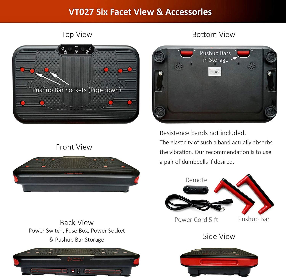 VT Vibration Plate - Pivotal Oscillation 5-14Hz - Advanced Mechanical  - Pushup Bars for Upper Body Exercise - Model VT027