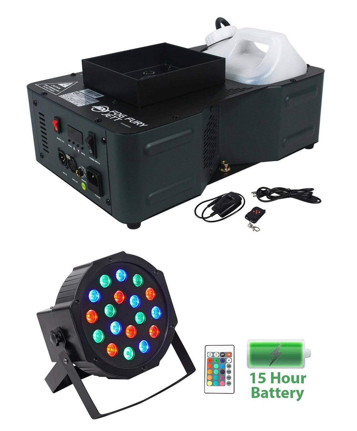 American DJ Fog Fury Jett 700W Vertical Fog Machine w/12 LED+Battery Par Light