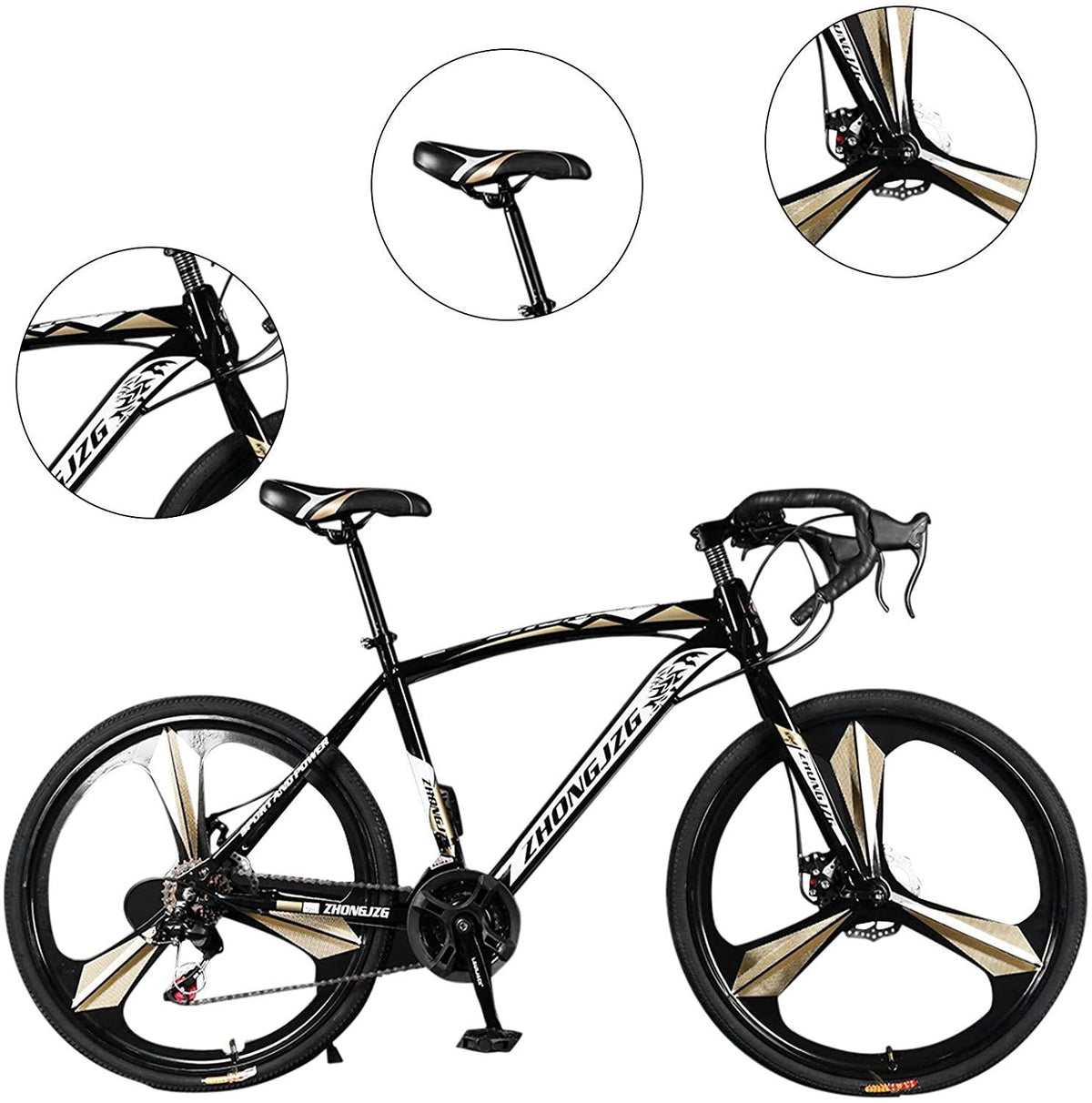 amidoa Road Bike Aluminum 700C Wheels 21 Speed Dual Disc Brakes Full Suspension 26 inch Road Bicycles with Simanos Aluminum Frame for Men Women(Gold), Small