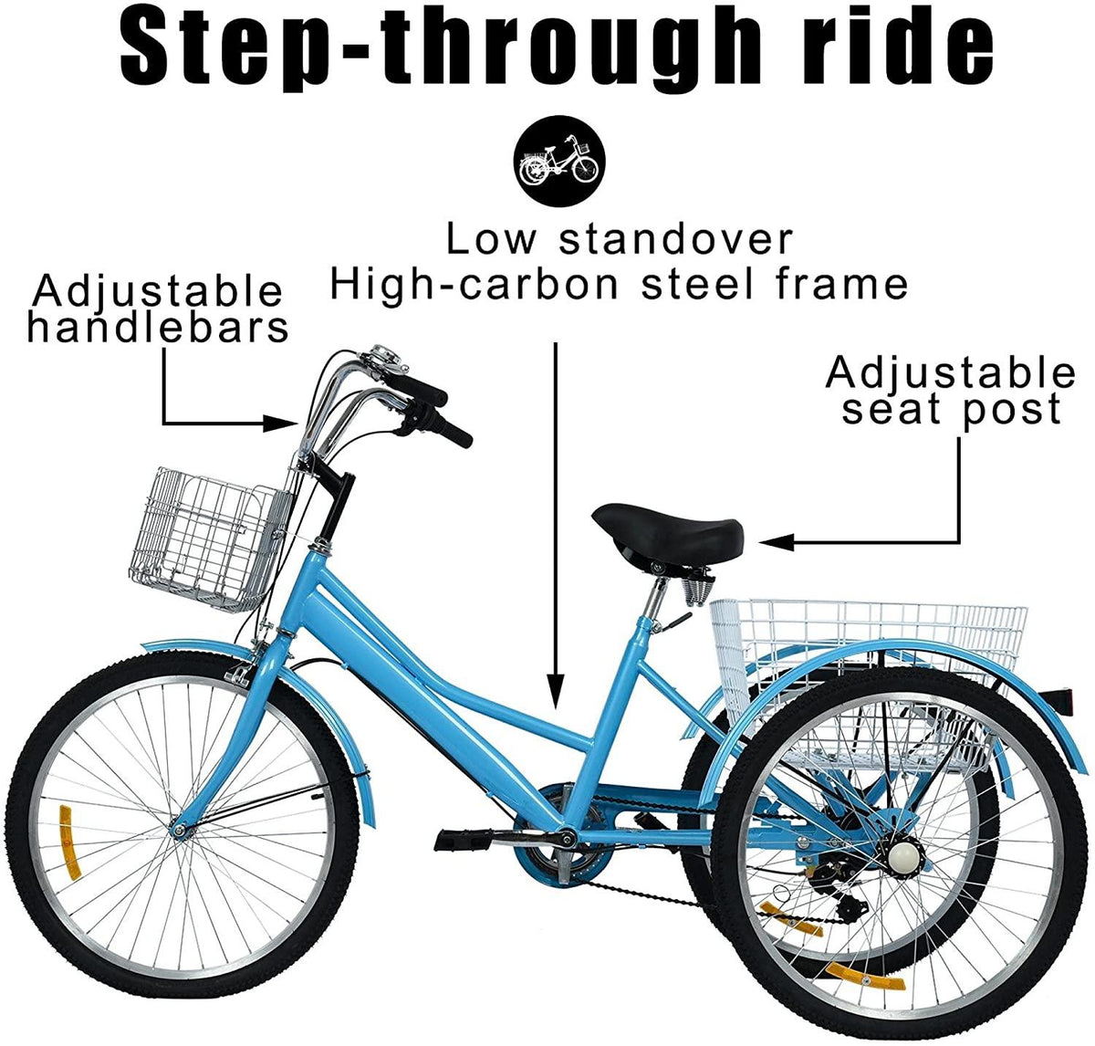 Adult Tricycle Bikes 20/24/26 inch with Basket, 3 Wheels (Fat Tire) 1/7 Speed Complete Cruiser Bikes, Three Wheel Adult Trikes Bicycles for Shopping, Men's and Women's Cruiser Trike