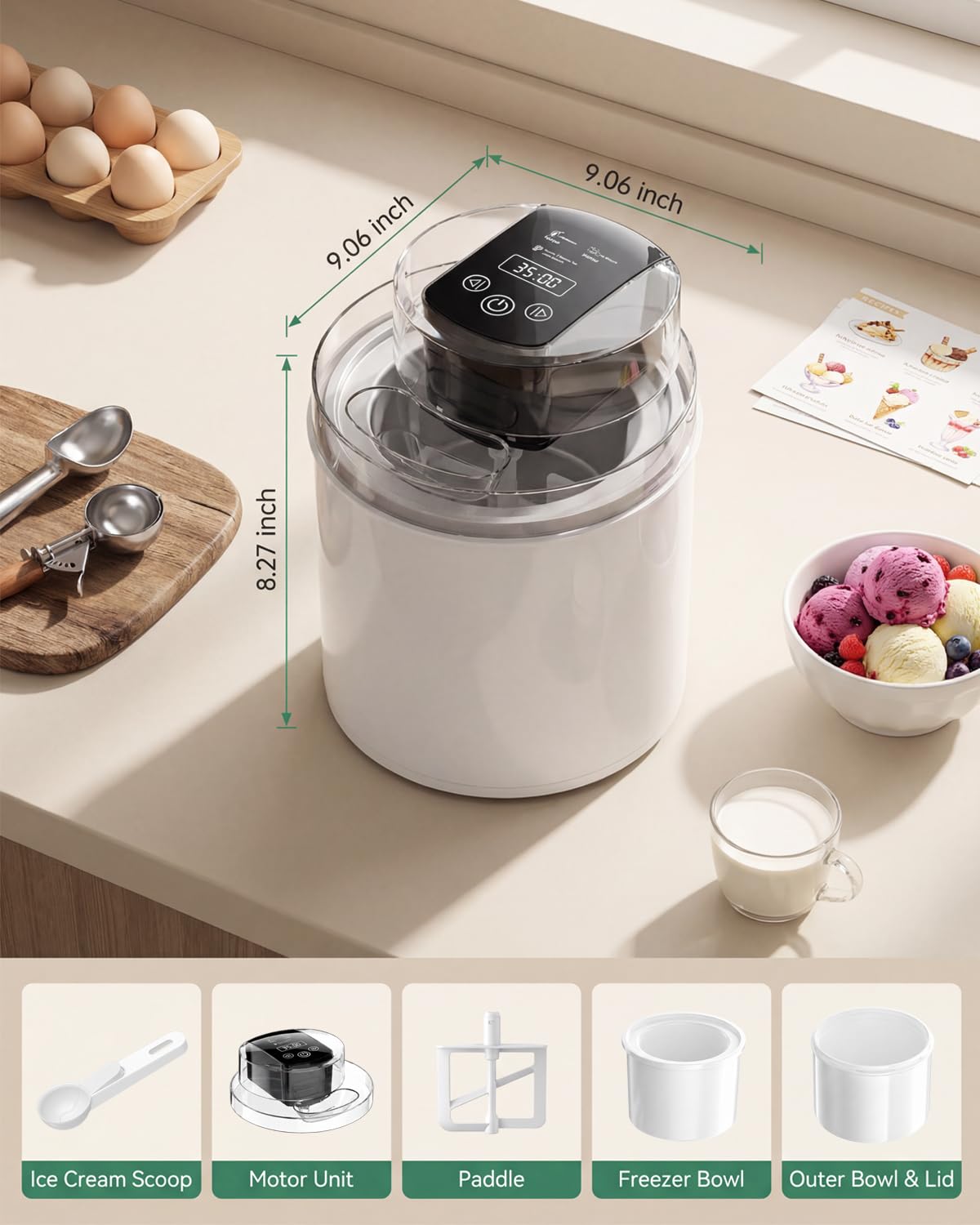 Ice Cream Maker Machine – 2.1 Quart Ice Cream Machine for Gelato, Sorbet & Frozen Yogurt, Pre-Freeze Bowl, LCD Screen and Timer, Perfect for 6-10 Servings, Easy to Use & Clean