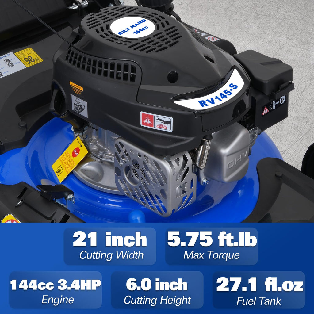 21 Inch Lawn Mower Gas Powered, 4-Cycle 144cc Engine, 3-in-1 Push Lawnmower with Bagging, Mulching &amp; Side Discharge, Adjustable 8-Positions Cutting Height, Easy Start