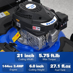 21 Inch Lawn Mower Gas Powered, 4-Cycle 144cc Engine, 3-in-1 Push Lawnmower with Bagging, Mulching &amp; Side Discharge, Adjustable 8-Positions Cutting Height, Easy Start