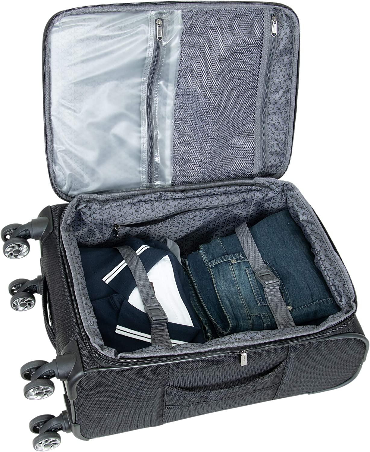 Rugged Roamer Luggage Collection Lightweight Softside Expandable 8-Wheel Spinner Travel Suitcase Bag, Black, 2-Piece (20" Carry-On / 28" Check Size)